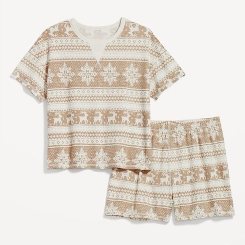 Old Navy Women’s Waffle Knit Pajama Shorts Set Jingle Jammies Tan & White SZ XL